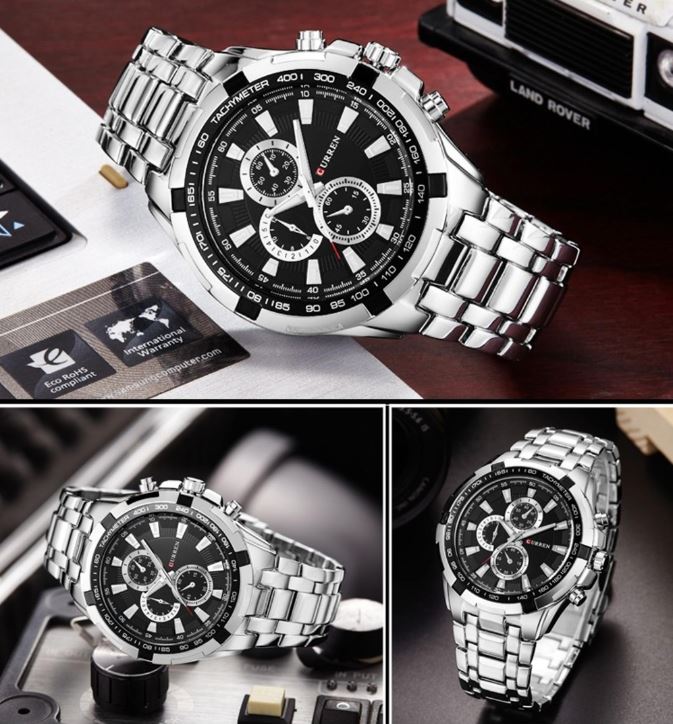 Silver watch with black face on a wooden surface, surrounded by smaller images of the watch.