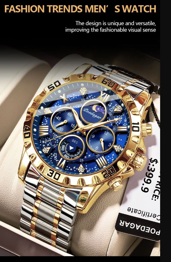 Luxury men's watch with gold and silver design on a white background