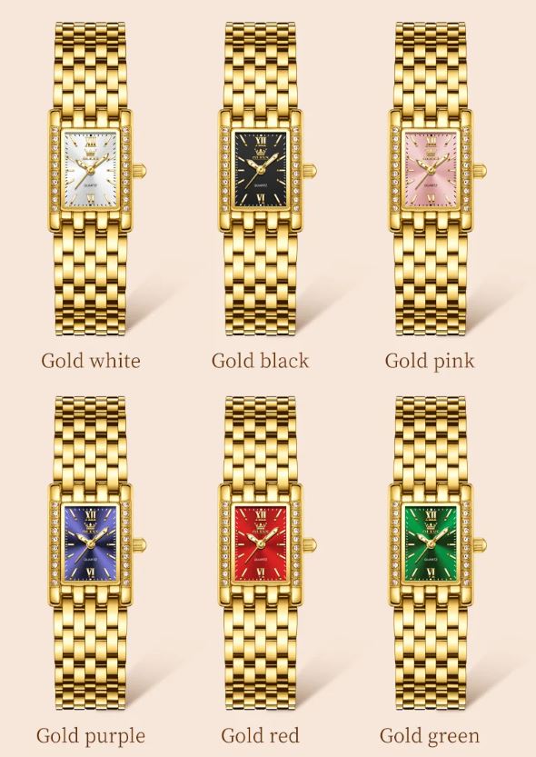 Set of six gold wristwatches with different colored face designs on a light beige background.