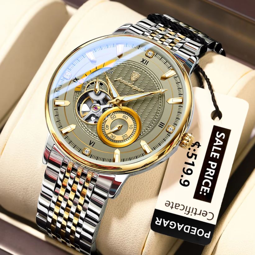 Luxury watch with a gold and silver band on a beige cushion, featuring a visible price tag.