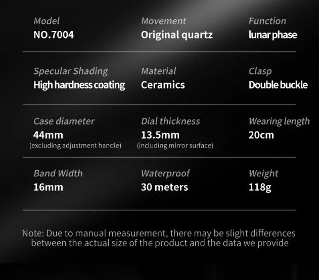 Technical specifications of a watch model on a black background