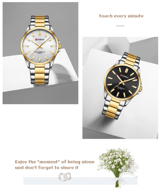 Two watches with gold and silver straps on a gray background, accompanied by text.