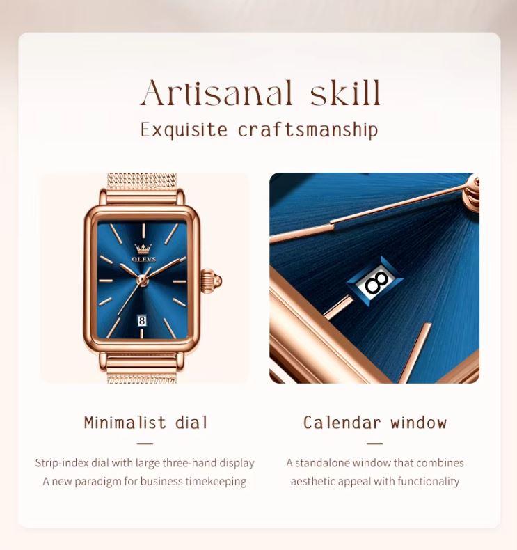Watch with blue face and rose gold case on a beige background, highlighting 'Artisanal skill' and 'Exquisite craftsmanship'.