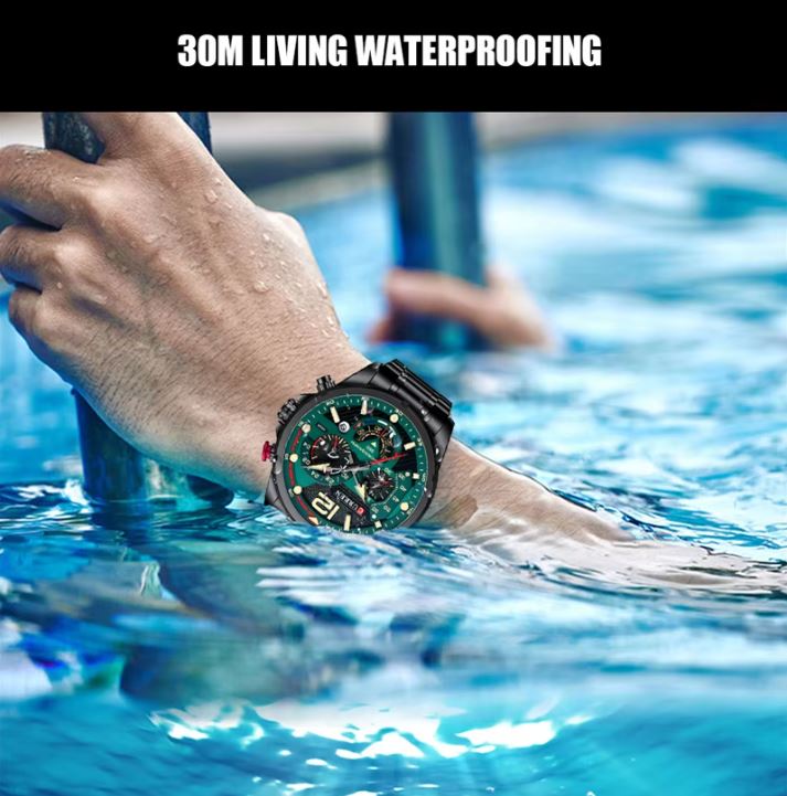 Person wearing a watch underwater with text '30M Living Waterproofing'.