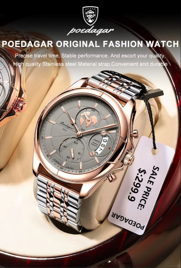 POEDAGAR watch with a price tag on a reflective surface