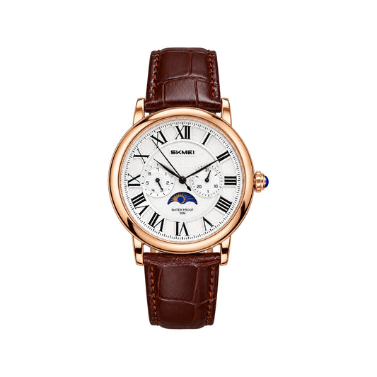 SKMEI 9438 Vintage Men's Quartz Watch Brown Rosegold– Moon Phase, Day & Date, Leather Strap