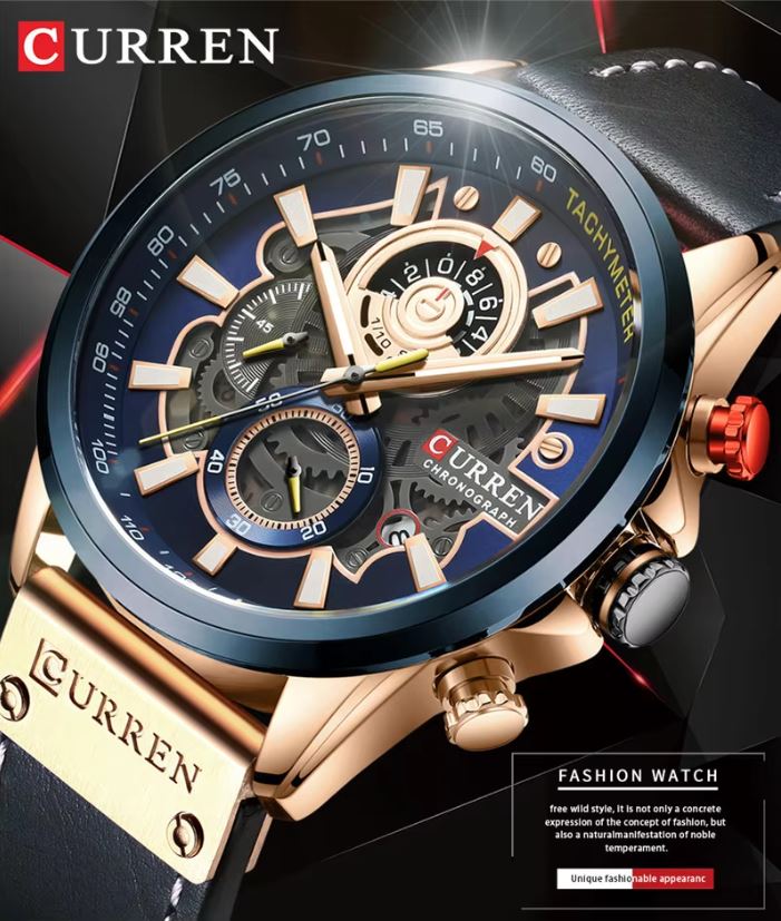 Luxury Curren watch with detailed face and rose gold accents on a dark background