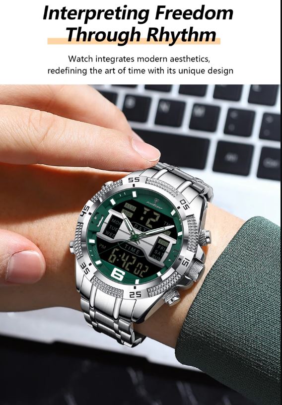 Digital wristwatch on a person's wrist with text about interpreting freedom through rhythm.