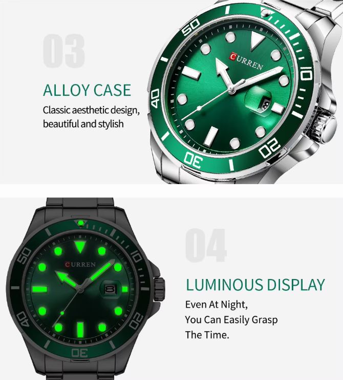 Two green watches with alloy cases and luminous displays on a white background