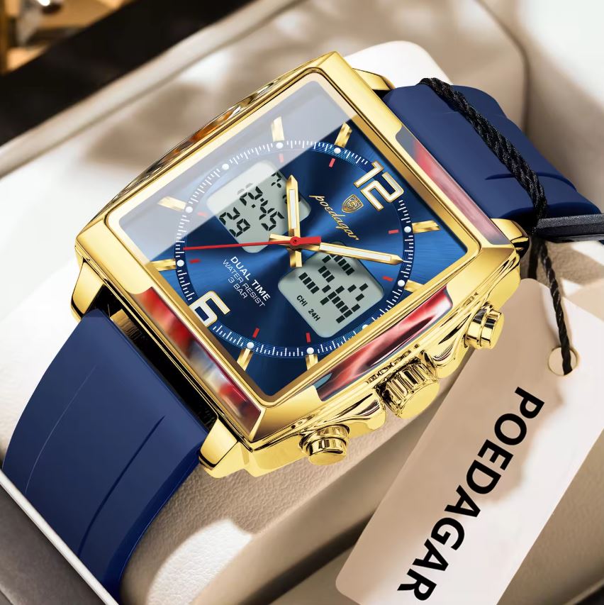 Gold and blue watch with digital display on a white surface, branded 'POEDAGAR'.