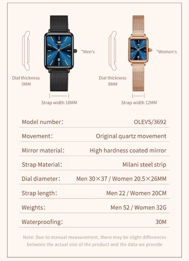 Technical specifications of a watch with detailed measurements and materials.