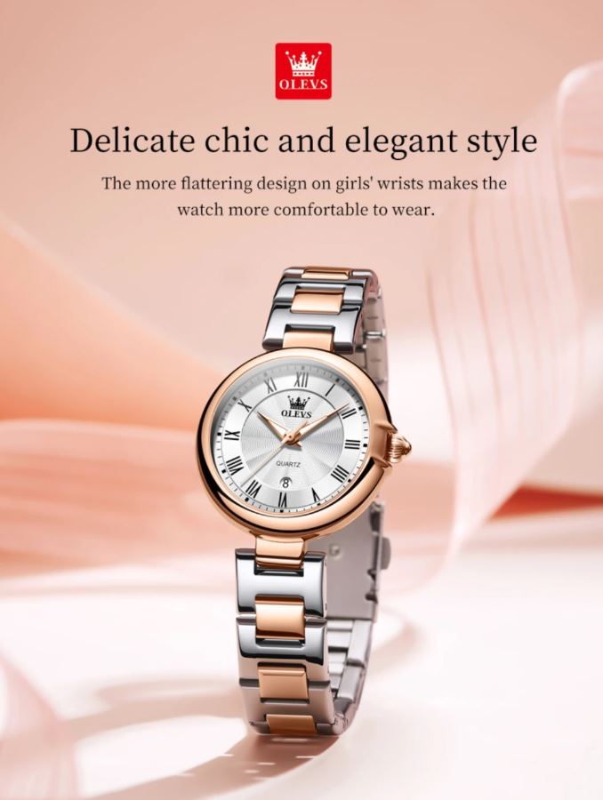 OLEVS 5608 Women’s Luxury Quartz Watch Two Tone White– Roman Scale Waterproof Luminous Watch