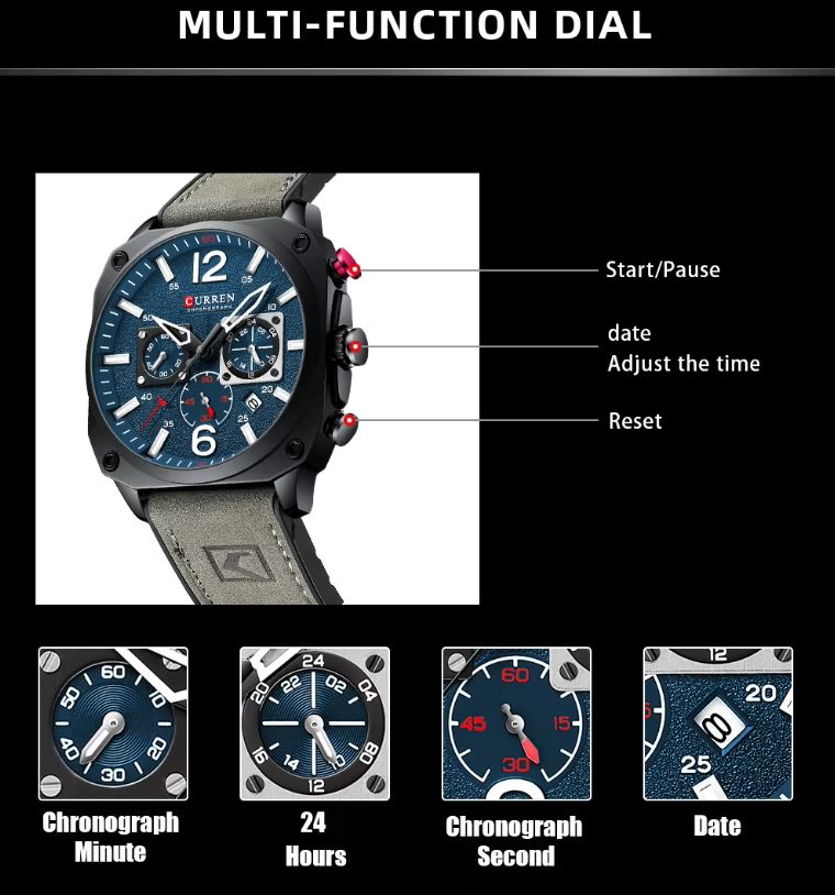 CURREN 8398 Chronograph Men’s Watch – Blue Dial Grey Leather Strap
