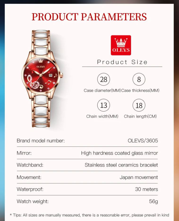 Product parameters of a watch with OLEVS branding