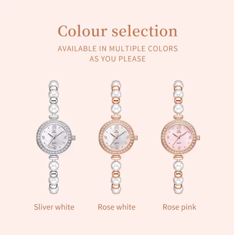 Three pearl-wrapped wristwatches in silver white, rose gold, and rose pink on a beige background.