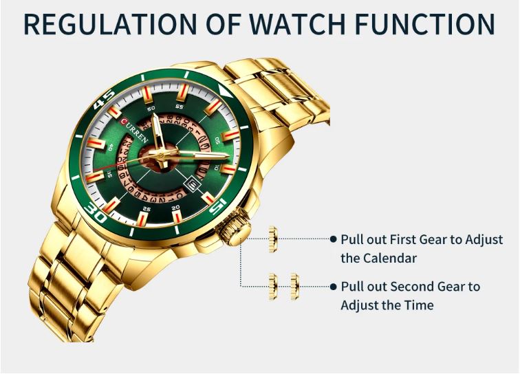 Gold watch with green face and detailed text on function regulation on a white background