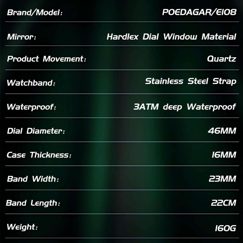 Product specifications of a watch on a dark background