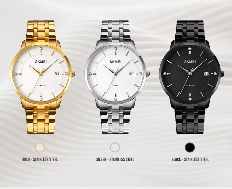 Three SKMEI watches in gold, silver, and black on a light gray background