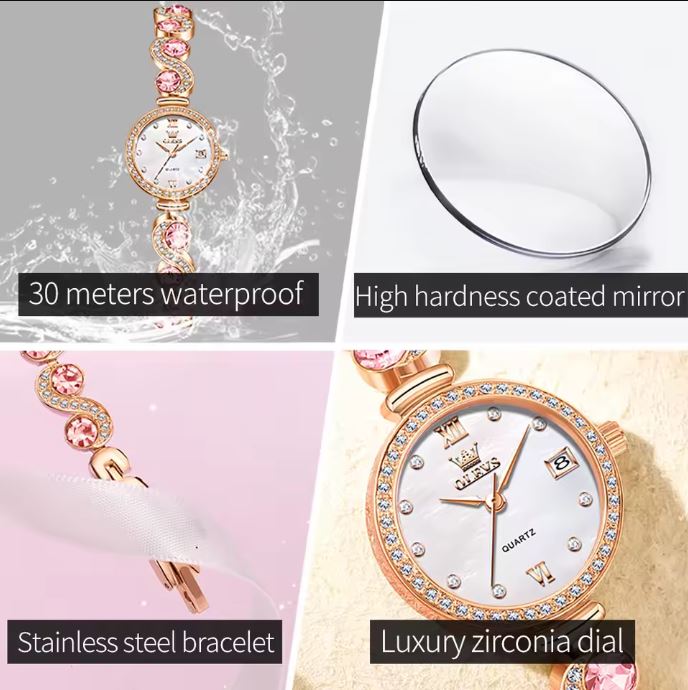 Rose gold watch with zirconia dial and bracelet, shown with water resistance and mirror quality text.