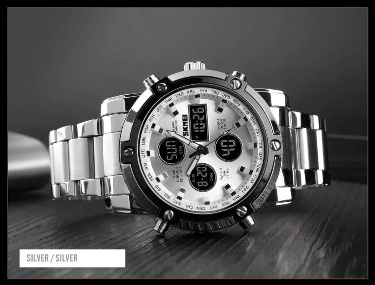 Silver wristwatch with digital and analog display on a dark surface