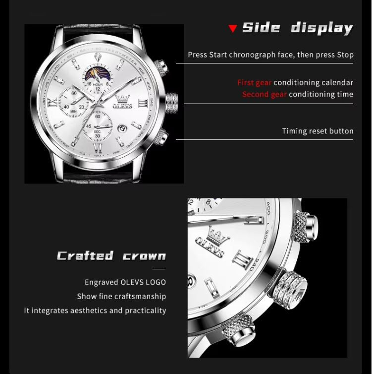 Silver watch with detailed face and crown, featuring text on a black background
