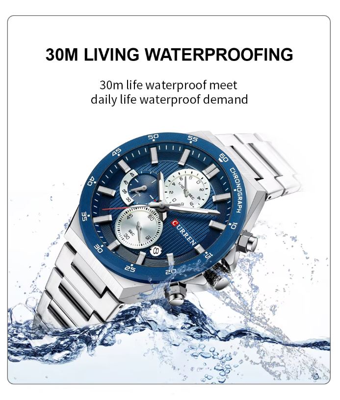 Wristwatch with blue face and silver band, submerged in water with text about waterproofing.
