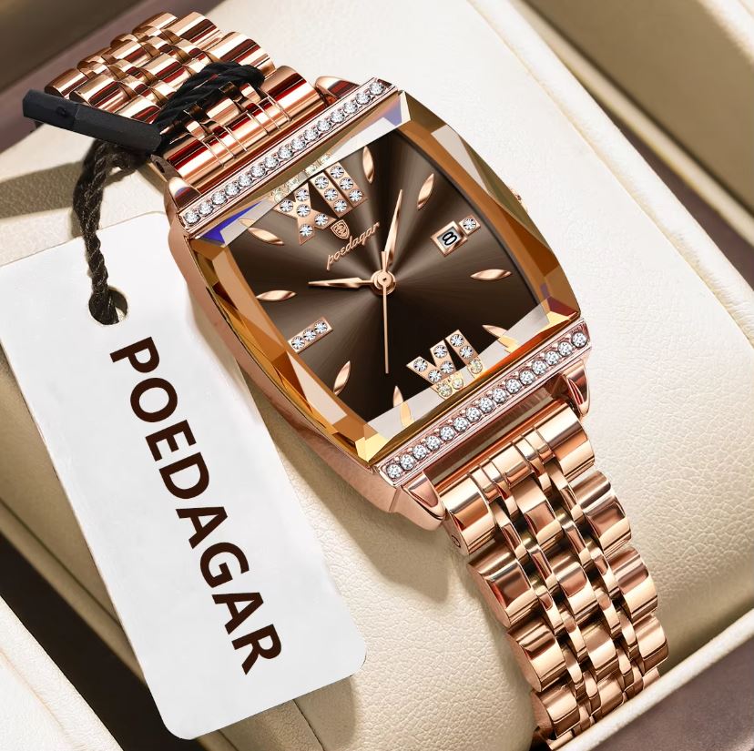 Rose gold watch with diamond accents on a white background, featuring the brand 'POEDAGAR'.