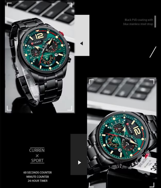 Green and black watch with detailed face on a blurred keyboard background