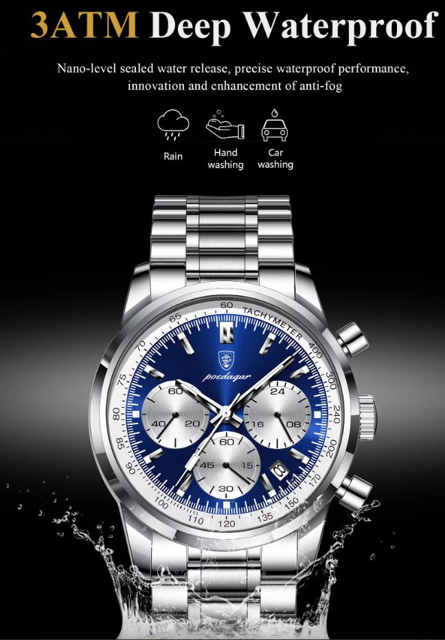 Silver watch with blue face on a black background, featuring waterproof text and icons.