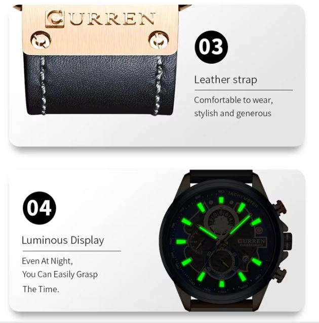 Curren watch with leather strap and luminous display on a white background