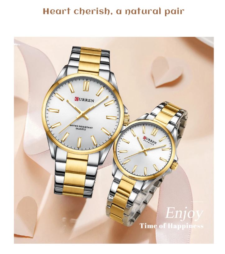 Two Curren watches in silver and gold on a soft pink background with text 'Heart cherish, a natural pair' and 'Enjoy Time of Happiness'.