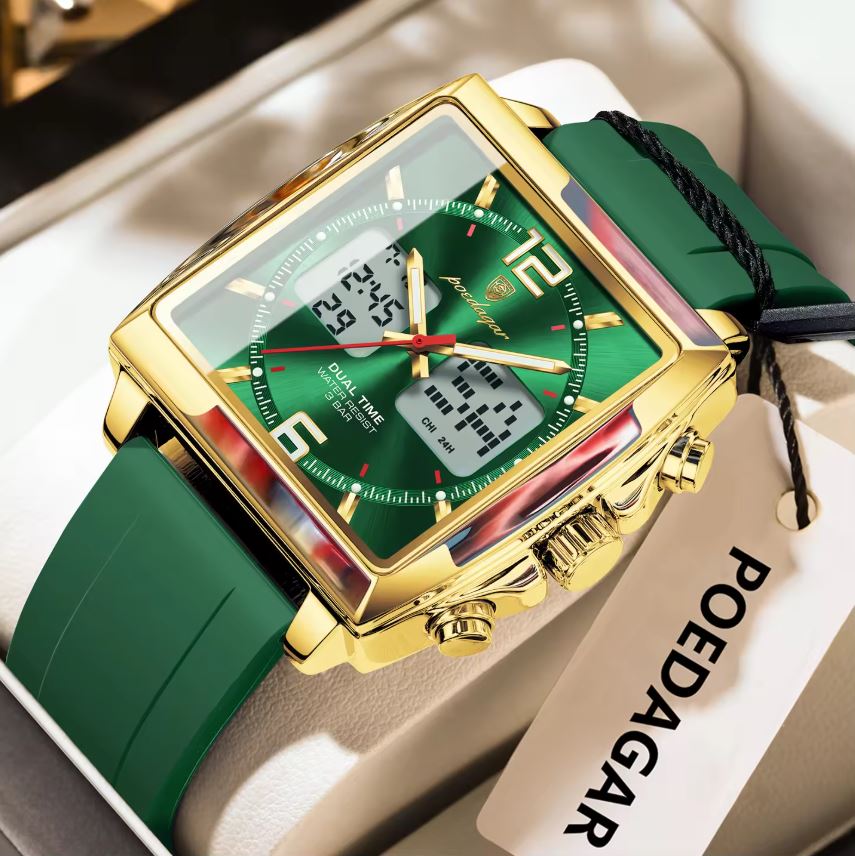 Green watch with gold case on a white surface, brand tag visible