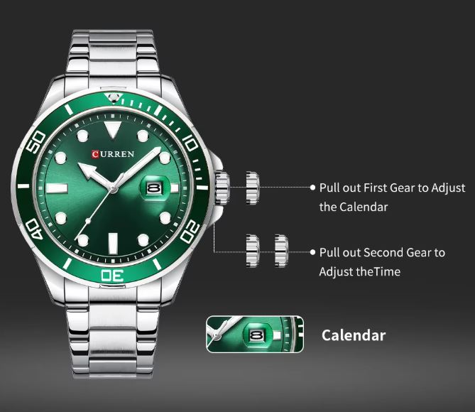 Green and silver watch with detailed features on a dark background