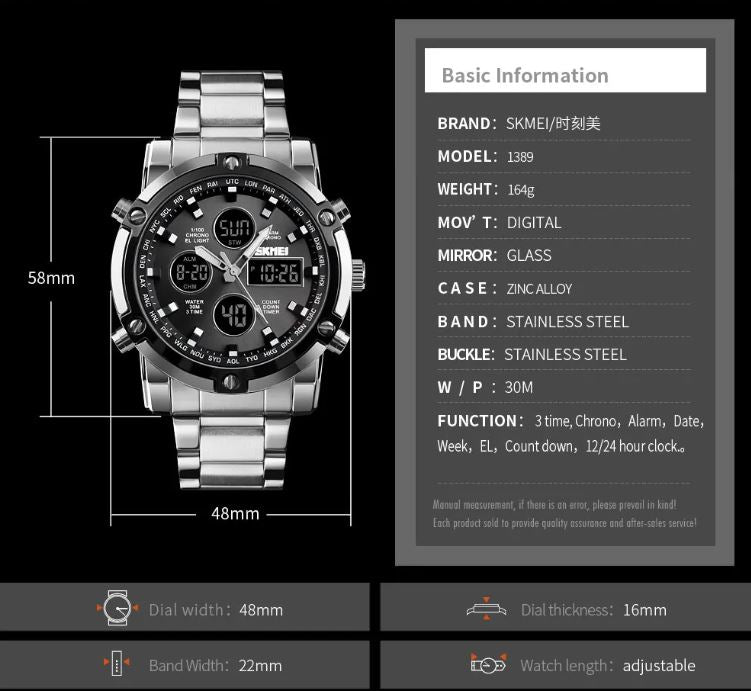 Silver watch with black face on a black background, featuring dimensions and technical specifications.