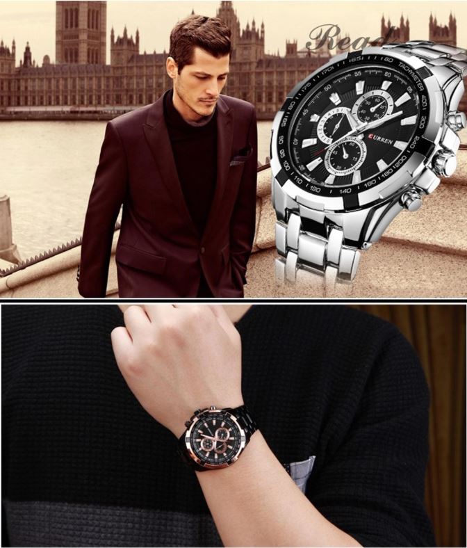 Man in a suit with a watch on his wrist, and a close-up of the watch with a blurred background.