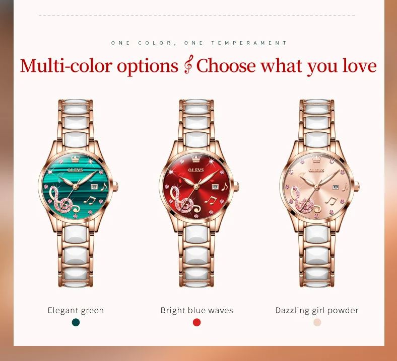 Three watches with different colored faces and bands on a beige background.