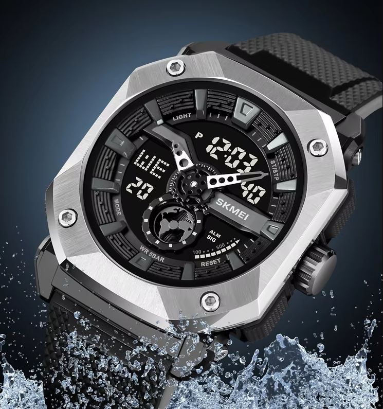 Skmei watch with digital and analog display on a dark background