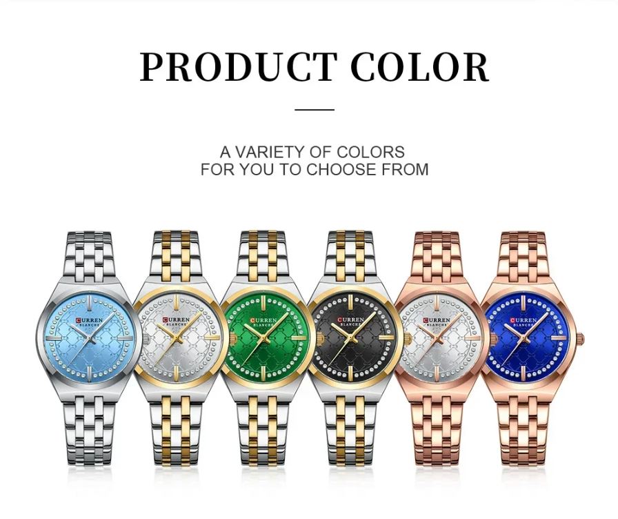 Set of six watches with different colored faces and metallic bands on a white background.