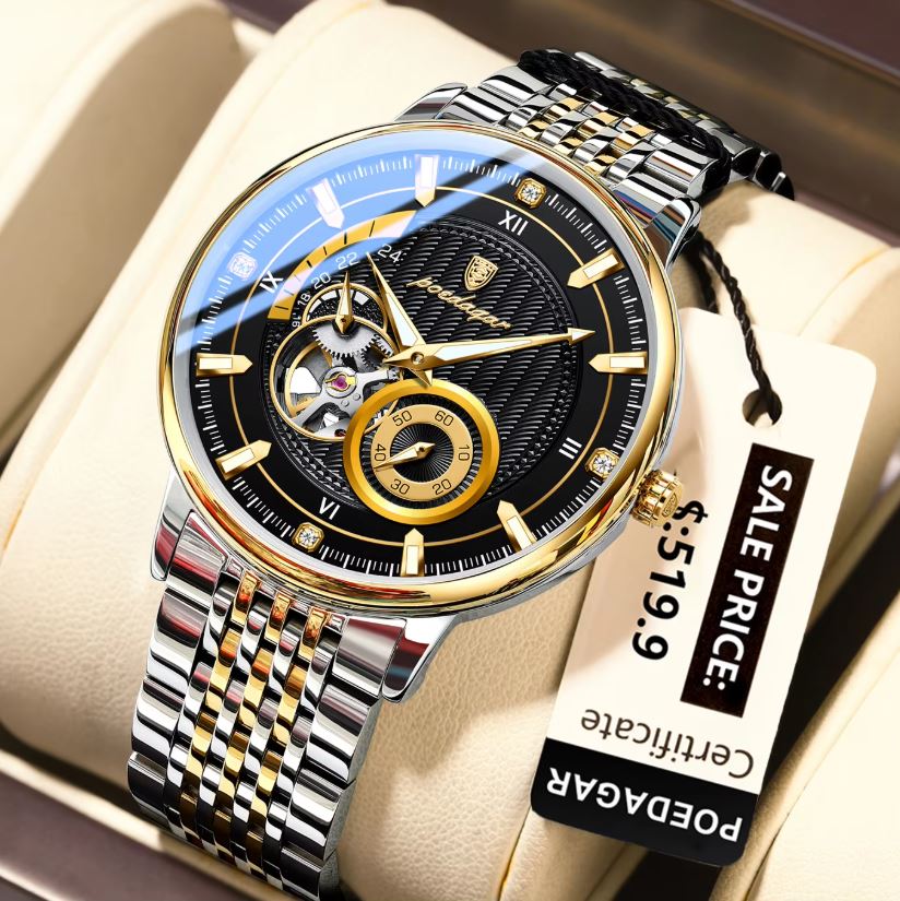 Luxury watch with a gold and silver band on a beige cushion, featuring a visible sale tag.
