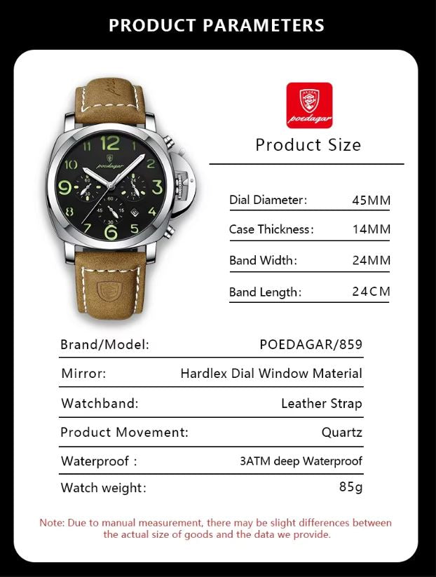 Watch with brand logo and product parameters on a white background