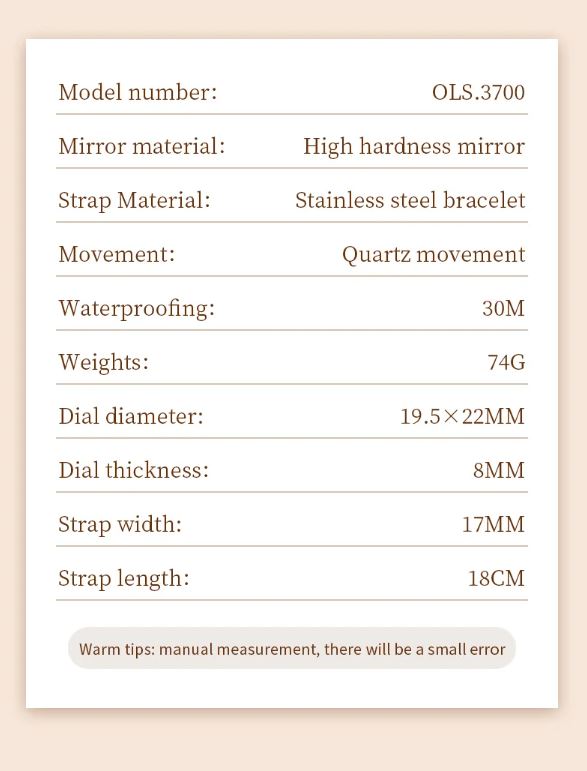Product specifications table for a watch with model number OLS.3700 on a beige background.