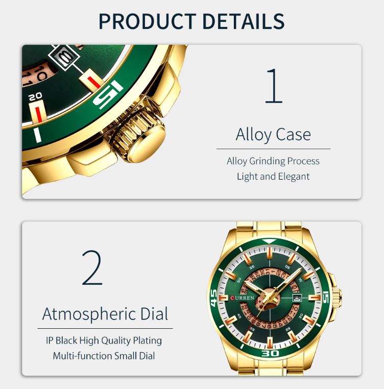 Gold and green watch with product details on a white background