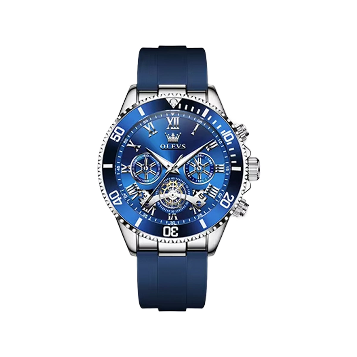 OLEVS 3730 Men’s Moon Phase Hollow Design Quartz Watch Silver Blue