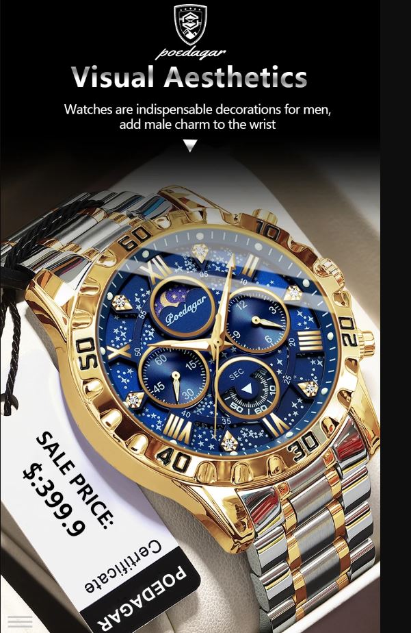 Gold and blue watch with detailed face on a white surface, featuring Podlager branding.