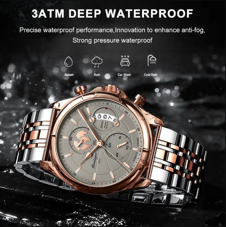 Rose gold watch with water resistance features on a dark background