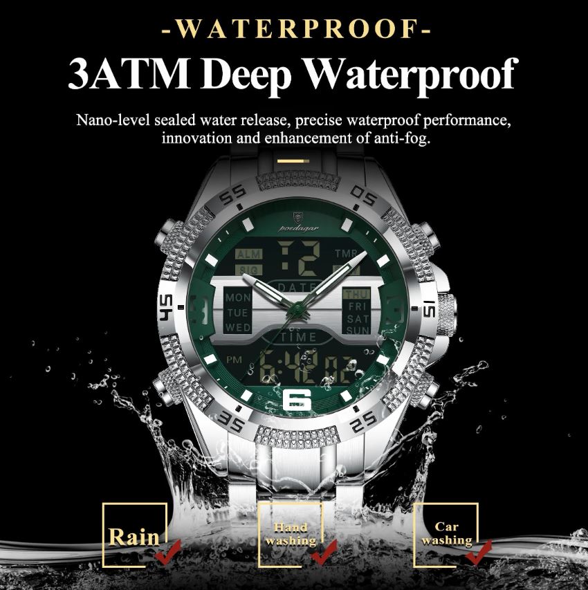 Waterproof watch with green dial and silver case, featuring text about water resistance.