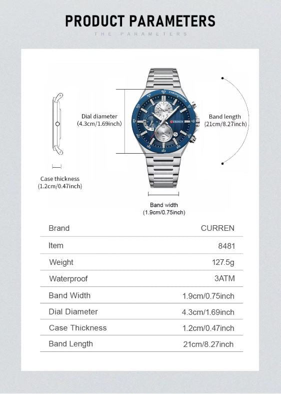 Product parameters of a watch with detailed specifications on a white background