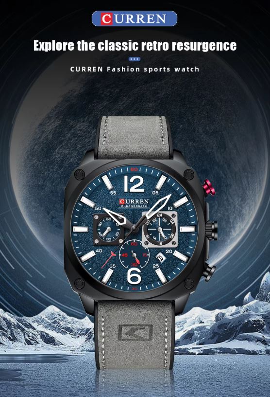 CURREN 8398 Chronograph Men’s Watch – Blue Dial Grey Leather Strap