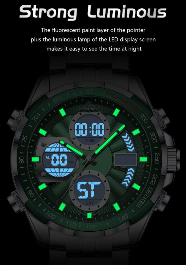 Digital watch with green and blue display on a black background