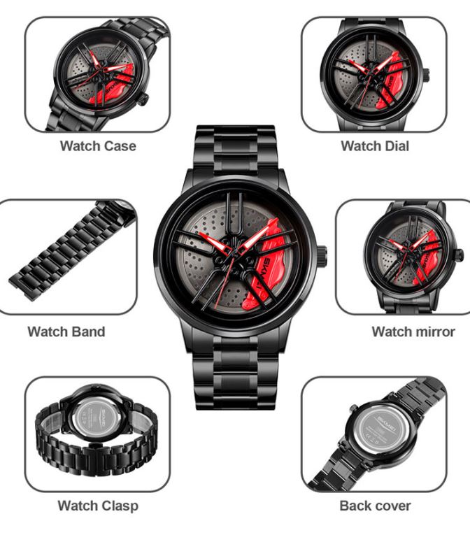 Black and red watch with various parts labeled on a white background